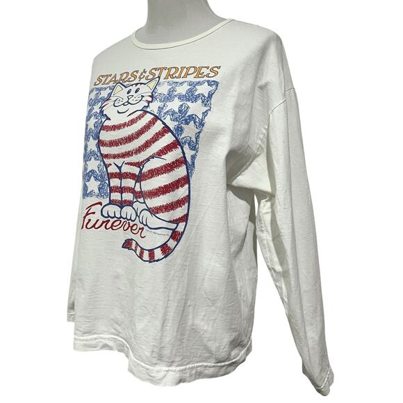 Vintage 90s Y2K Women’s Cat T Shirt Stars Stripes USA Flag Alore Cotton White L - Picture 3 of 9